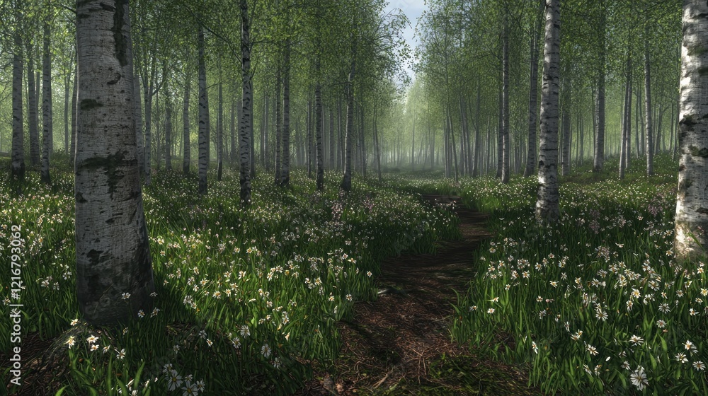 Misty birch forest path, spring flowers, sunlight, nature background, game design Misty birch forest path, spring flowers, sunlight, nature background, game design