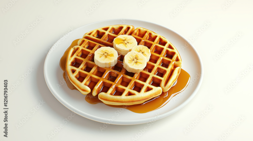 Delicious waffles topped with banana slices and syrup on plate Delicious waffles topped with banana slices and syrup on plate