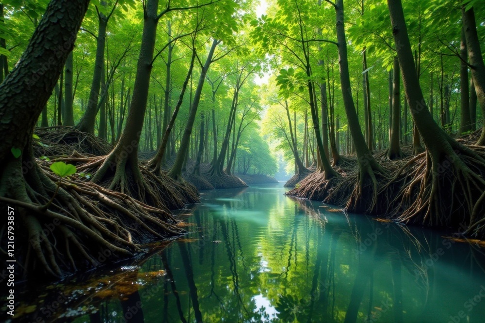 Obraz premium Dense mangrove forest with tangled roots and seaweed, trees, estuaries, slow waters