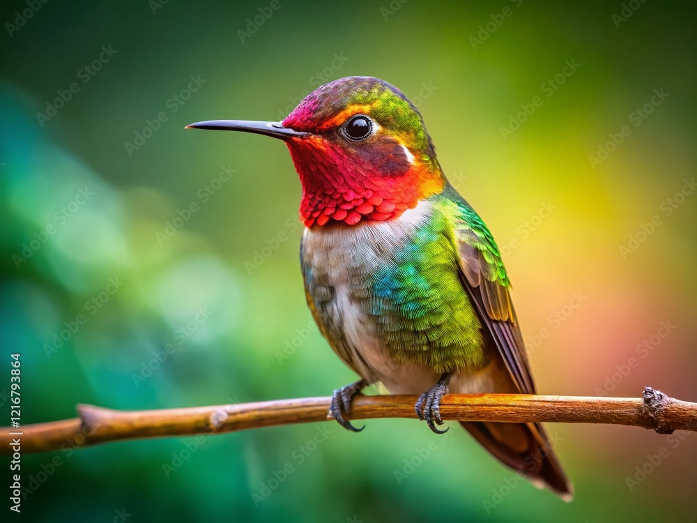 Fototapeta premium Adorable Little Hummingbird Perched on Branch, Copy Space, Nature Photography