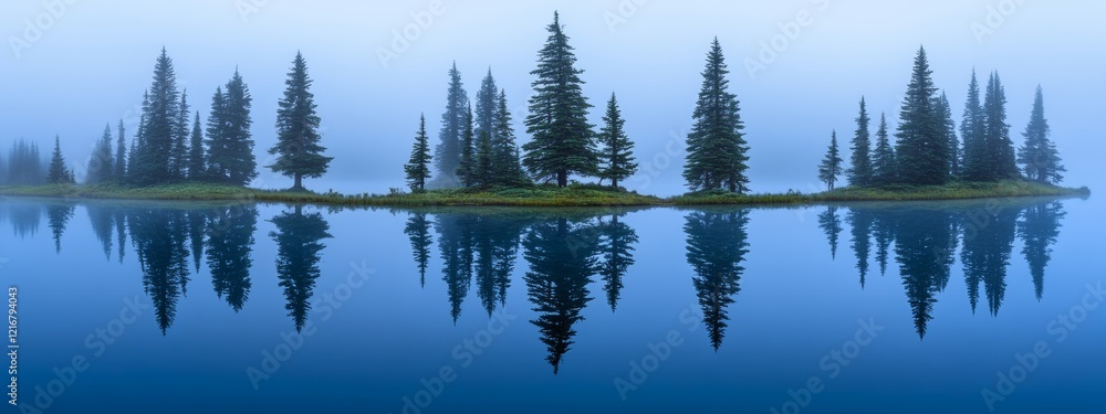 Obraz premium Beautiful Tranquil Lake Surrounded by Pine Trees in a Foggy Forest, Representing Nature, Serenity, and Calmness in a Minimalist Landscape.
