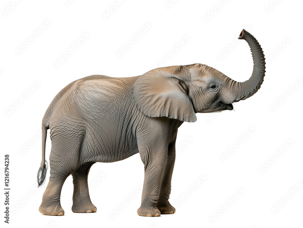 Fototapeta premium African elephant with raised trunk on transparent background.