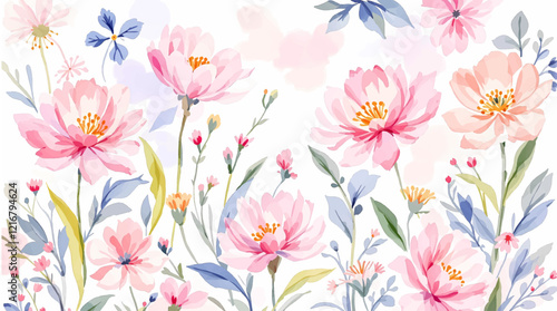 Seamless pattern  repeatable texture of abstract pink and blue  flowers on white background
