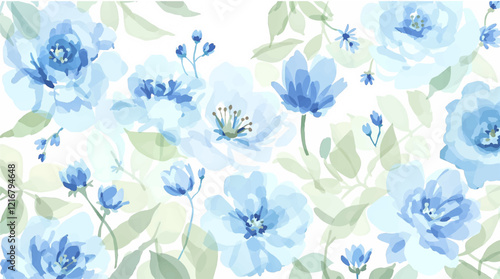 Seamless pattern with blue flowers painted in watercolor style on a white background, elegant floral design