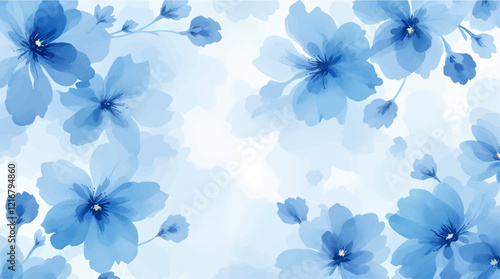 Seamless pattern with blue flowers painted in watercolor style on a white background, elegant floral design