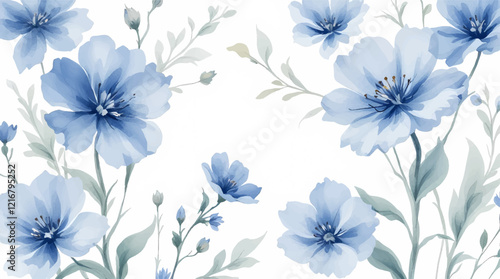 Seamless pattern with blue flowers painted in watercolor style on a white background, elegant floral design