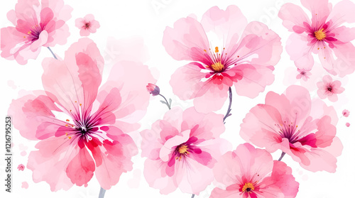 Watercolor painting of pink flowers and green leaves on a white background.