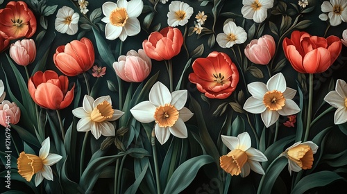 Flowers: A Colorful and Vibrant Arrangement of Tulips and Daffodils Against a Dark Green Background. photo