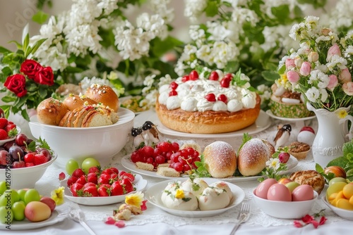 Easter celebration table with traditional dishes and floral decorations for a festive gathering. Generative AI