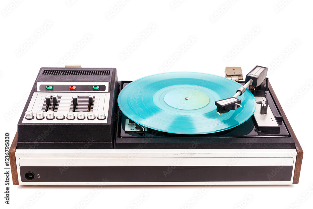 Fototapeta premium Vintage turntable record player with turquoise vinyl isolated on white background.