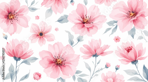Watercolor painting of pink flowers and green leaves on a white background.