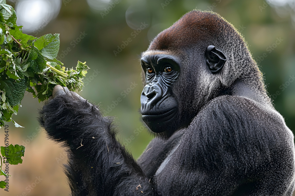 Obraz premium A close-up of a gorilla interacting with its environment in the wild