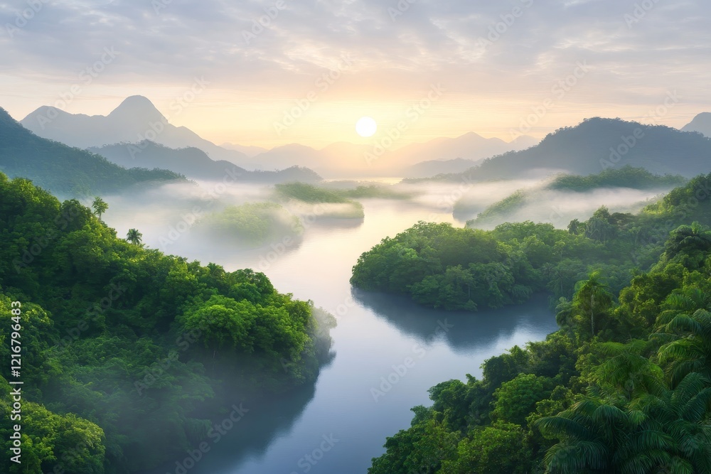 Serene sunset view over a tranquil river surrounded by lush green forests and misty mountains. Generative AI Serene sunset view over a tranquil river surrounded by lush green forests and misty mountains. Generative AI
