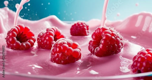 falling raspberries with splashes of Yogurt on a blue and pink background splash with red berry