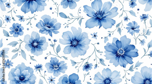 Seamless pattern with blue flowers painted in watercolor style on a white background, elegant floral design