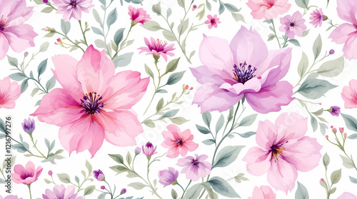 A white background with pink flowers in the foreground