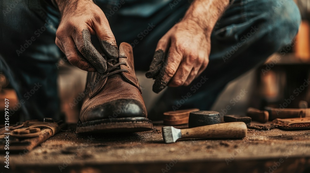 A skilled artisan repairs a leather shoe, focusing intently on the details with tools scattered around, showcasing craftsmanship and dedication. A skilled artisan repairs a leather shoe, focusing intently on the details with tools scattered around, showcasing craftsmanship and dedication.