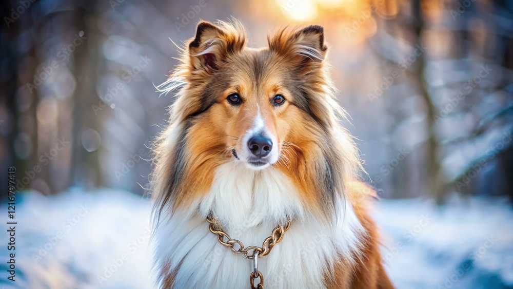 Adorable Sable & White Rough Collie Dog in Winter, Wearing Chain Collar Adorable Sable & White Rough Collie Dog in Winter, Wearing Chain Collar