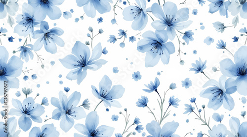 Seamless pattern with blue flowers painted in watercolor style on a white background, elegant floral design