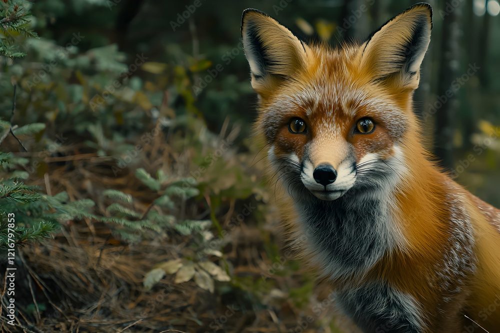 Fototapeta premium Close-up of a fox hunting in the forest, alert and focused