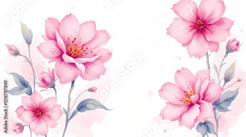 Watercolor floral frame with pink flowers and green leaves on white background.