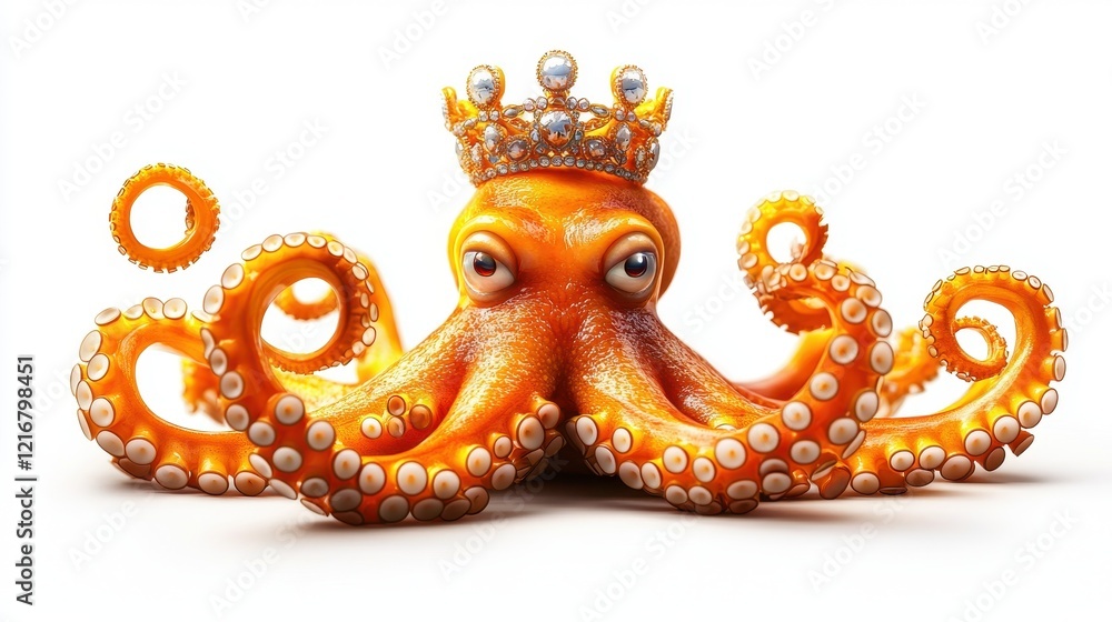 Obraz premium A whimsical orange octopus wearing a crown, adorned with pearls, surrounded by floating rings, evoking a playful underwater royalty theme.