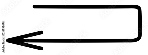 Arrow. Sketch. Black arrow in the form of an elongated rectangle, the pointer moves to the left. Hand drawn sign. Vector illustration. Outline on an isolated white background. Doodle style. 