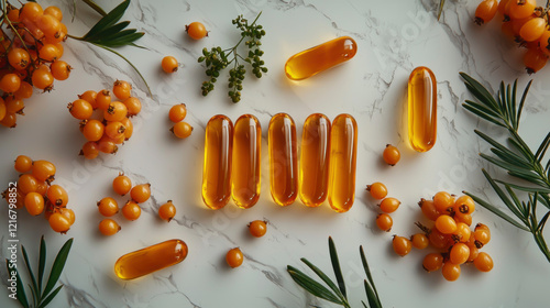 Wallpaper Mural Sea buckthorn oil capsules are arranged neatly among vibrant berries and foliage, showcasing their natural beauty on a marble surface Torontodigital.ca