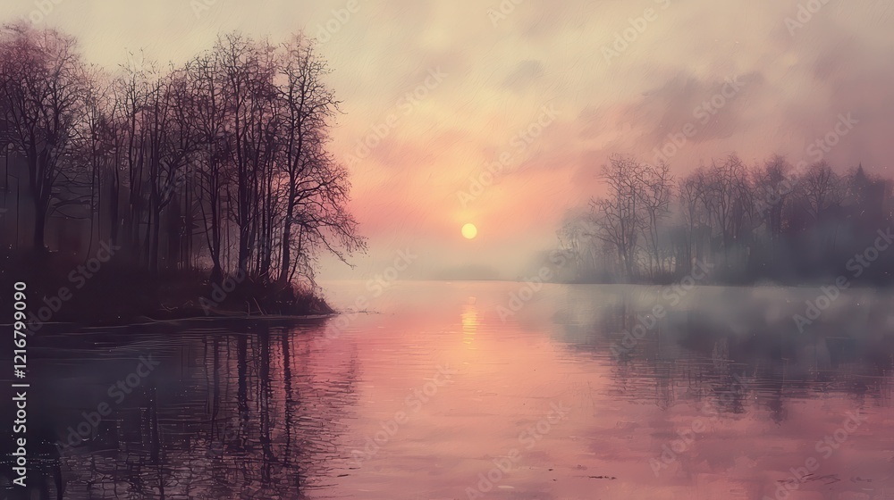 Obraz premium Misty sunrise over calm river, bare trees reflected in water.