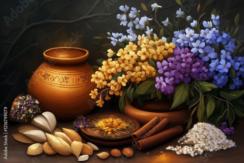 A vibrant Nowruz still life featuring colorful flowers, traditional clay pots, spices, nuts, and decorative elements, symbolizing Persian New Year celebrations with warmth and cultural richness