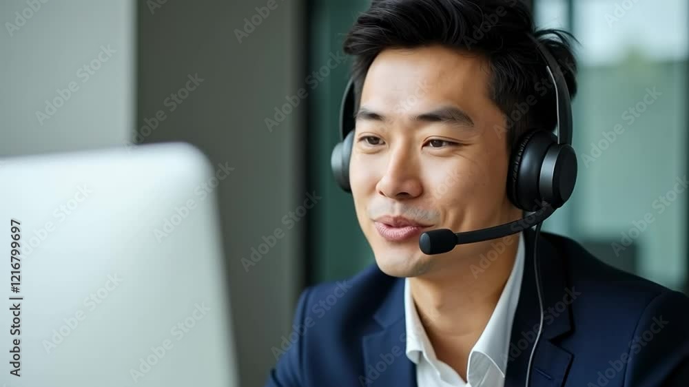 Smiling Customer Support Representative Using Headset While Engaged in Online Communication at Modern Office Environment Smiling Customer Support Representative Using Headset While Engaged in Online Communication at Modern Office Environment