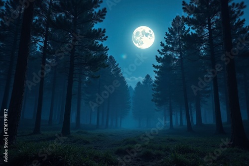 Dense pine forest under eerie full moon light, forest night scene, dark woods photo