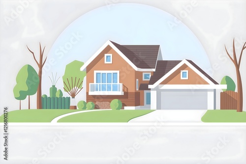 An illustration of a house with a garage, surrounded by lush green trees, depicting a peaceful residential setting.