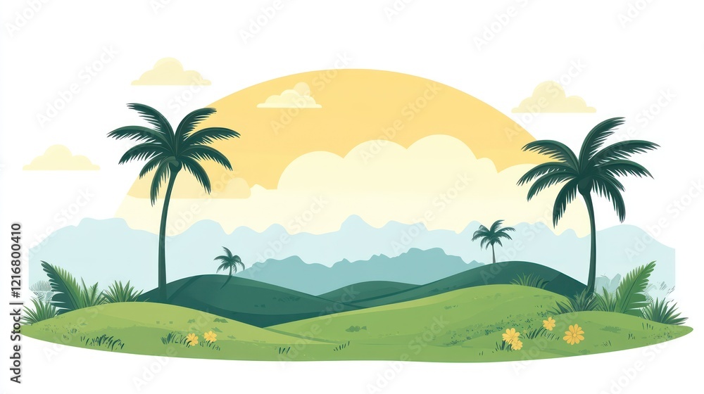 Fototapeta premium Serene landscape with palm trees, hills, and sunset.