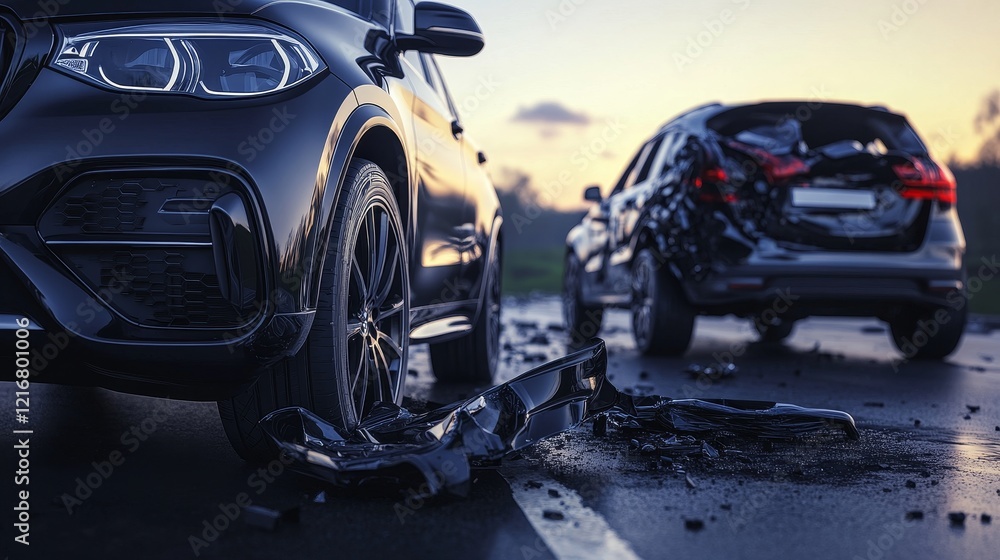 Close-Up of Two Cars Damaged After a Street Accident, Representing Car Insurance, Vehicle Damage, and Road Safety Concepts. Close-Up of Two Cars Damaged After a Street Accident, Representing Car Insurance, Vehicle Damage, and Road Safety Concepts.