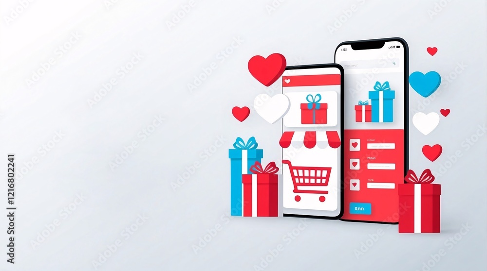 Creative Shopping Trolley Filled with Kraft-Wrapped Gifts Tied with Red Ribbons on a White Background Creative Shopping Trolley Filled with Kraft-Wrapped Gifts Tied with Red Ribbons on a White Background