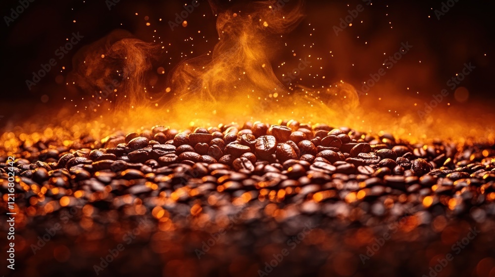 Fiery Coffee Beans Roasting, Dark Background Fiery Coffee Beans Roasting, Dark Background