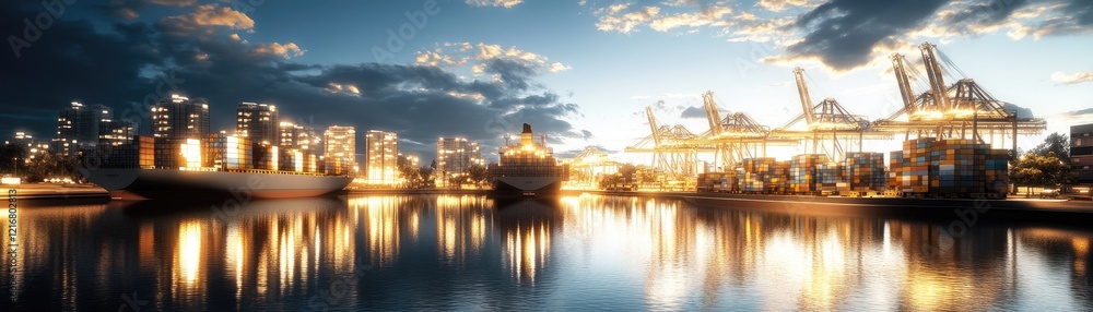 Sunset over cargo ships at a busy port. Global trade and logistics Sunset over cargo ships at a busy port. Global trade and logistics