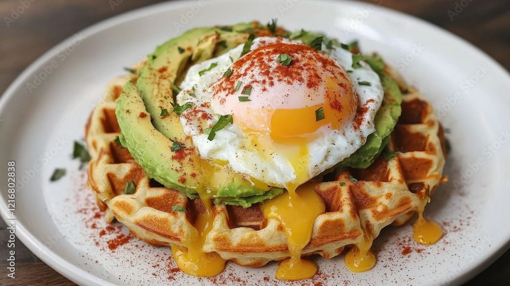 Delicious waffle topped with avocado, poached egg, and spices Delicious waffle topped with avocado, poached egg, and spices