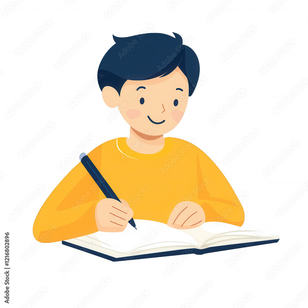 A boy happily writing in a notebook, showcasing creativity and enthusiasm for learning., isolated on a transparent background.