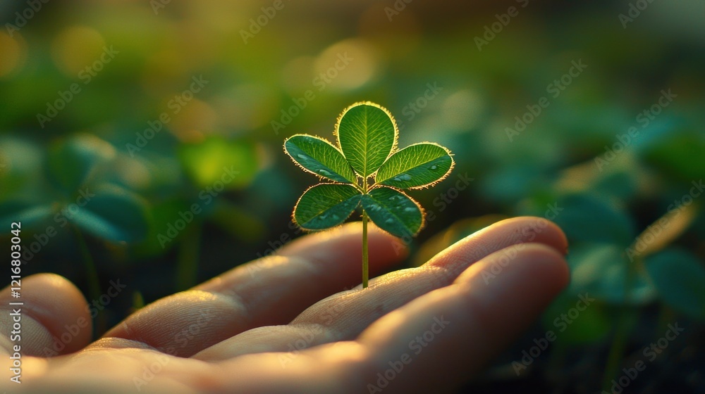 A close-up of a vibrant four-leaf clover resting in a hand, capturing the essence of luck and joy, perfect for St. Patrick’s Day themes and designs
