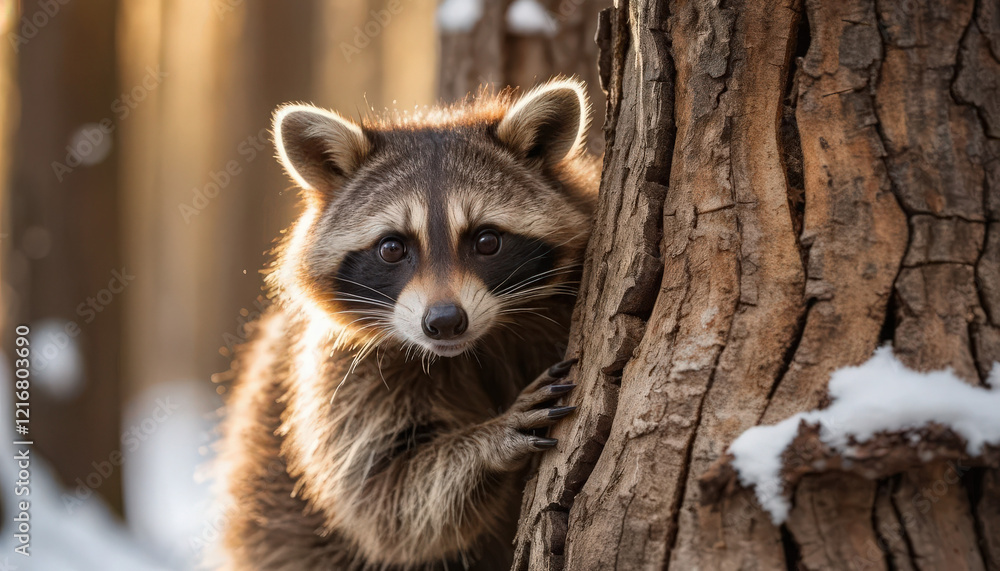 Close-up of raccoon peeking from a tree trunk Close-up of raccoon peeking from a tree trunk