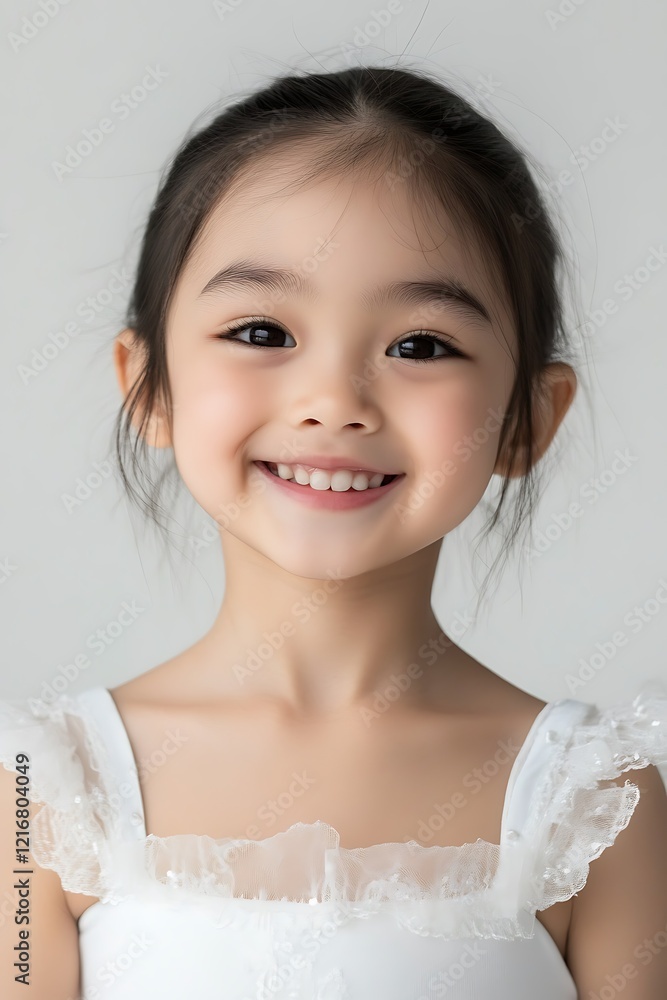 Portrait of a smiling girl isolated on a white background captured in a bright and cheerful environment