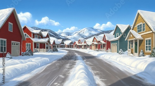 Snow-covered street in a picturesque village nestled in a snowy mountain valley