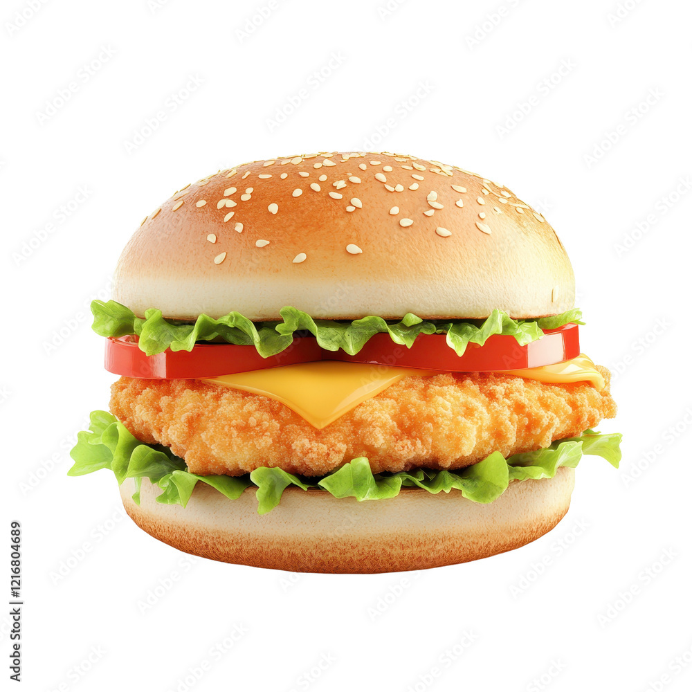 A delicious crispy chicken burger with cheese, lettuce, and fresh tomato., isolated on a transparent background. A delicious crispy chicken burger with cheese, lettuce, and fresh tomato., isolated on a transparent background.