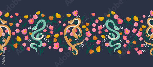 Elegant hand drawn snakes and floral seamless pattern, detailed - great for fabrics, clothing, wallpapers - vector