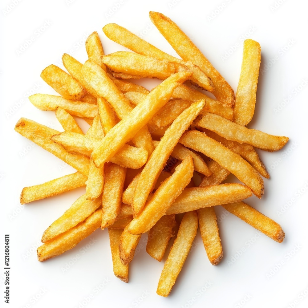 Crispy French Fries Isolated on White Background, Representing Fast Food, Snacks, and Comfort Food Concepts. Crispy French Fries Isolated on White Background, Representing Fast Food, Snacks, and Comfort Food Concepts.