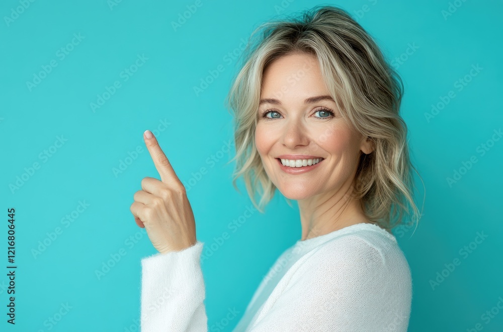Portrait of a happy, attractive, middle-aged blonde woman in a white sweater, pointing her finger away on a blue background Portrait of a happy, attractive, middle-aged blonde woman in a white sweater, pointing her finger away on a blue background