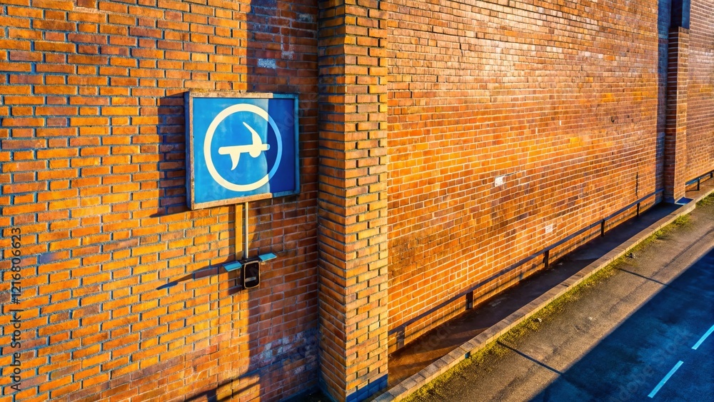 Obraz premium Aerial Drone View of Parking Sign on Brick Wall - Urban Parking Lot