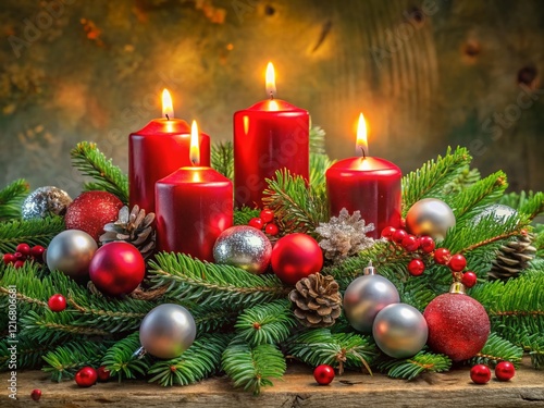 Advent Panorama: Silver & Red Decorated Fir Branches with Candles - Second Sunday photo